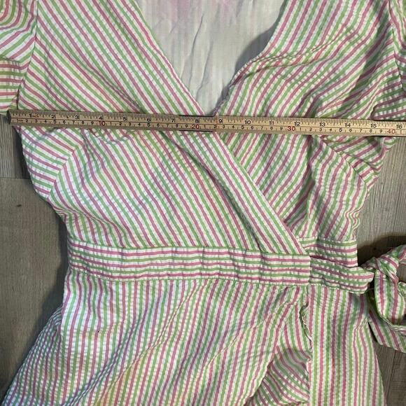 DRAPER JAMES RSVP Puff Sleeve Wrap Dress Ruffled Seersucker Striped Sz medium - Picture 5 of 16